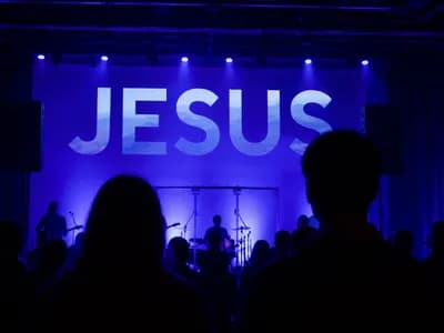 Jesus Banner above stairs